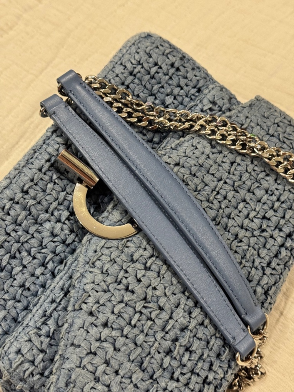 Sandro Raffia YZA Blue Woven Shoulder Bag with Chain Strap - Picture 7 of 8